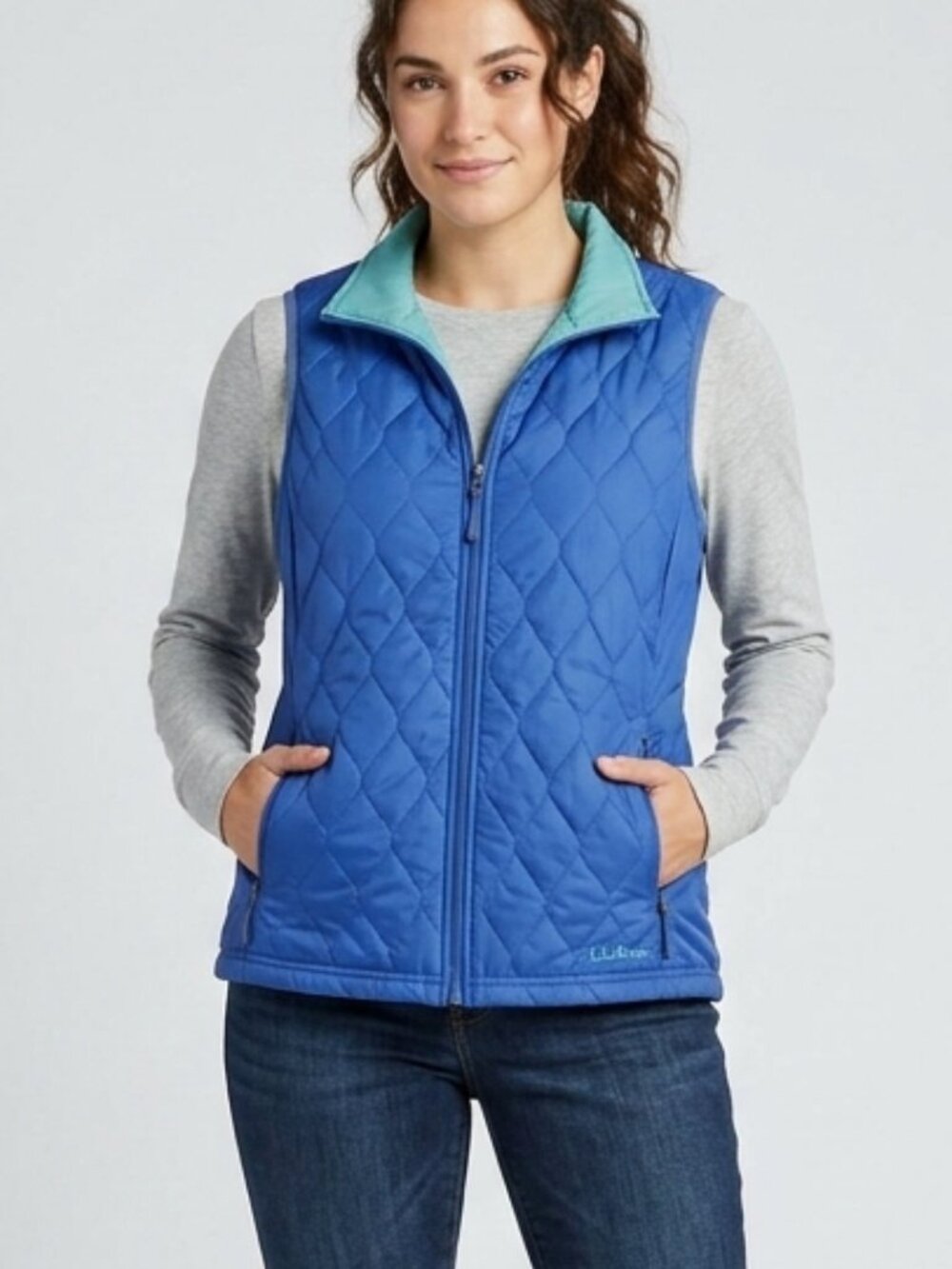 L.L. Bean Blue Reversible Diamond Quilted Turquoise Vest Sz Lrg